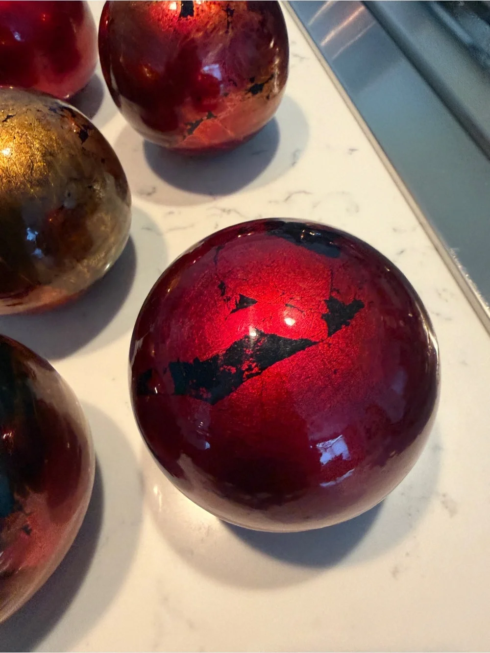 Set of 7 Red Gold Mercury Glass Decorative Orbs Spheres 4” Holiday Decor